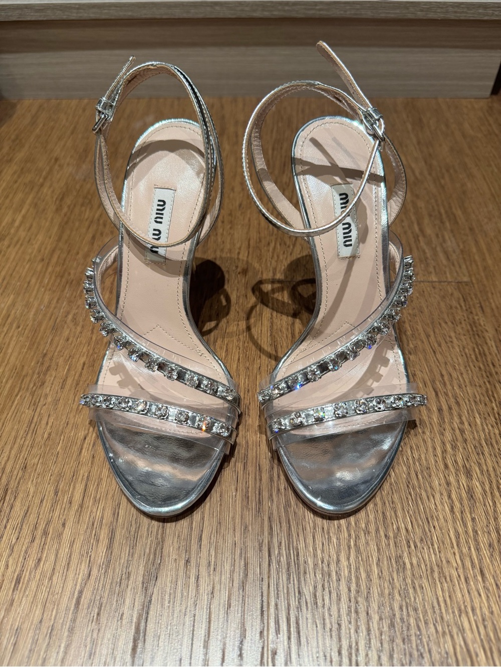 Miu Miu Silver Crystal-Strap Ankle‑Wrap Heels